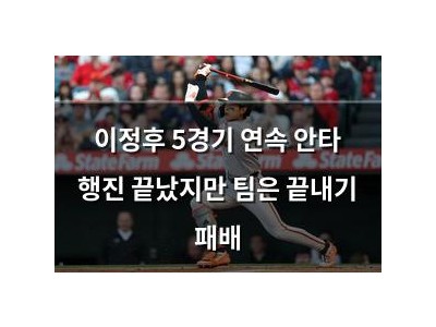이정후 5경기 연속 안타 행진 끝났지만 팀은 끝내기 패배